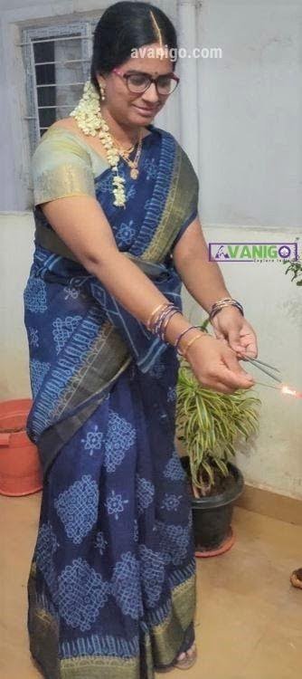 Linen blend Indigo saree with Rangoli print for Festivals and Traditional Occasions